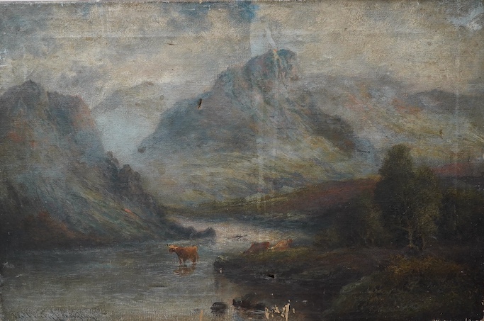 William Langley (fl.1880-1920), oil on canvas, Highland landscape with cattle, signed, 40 x 61cm, unframed. Condition - poor